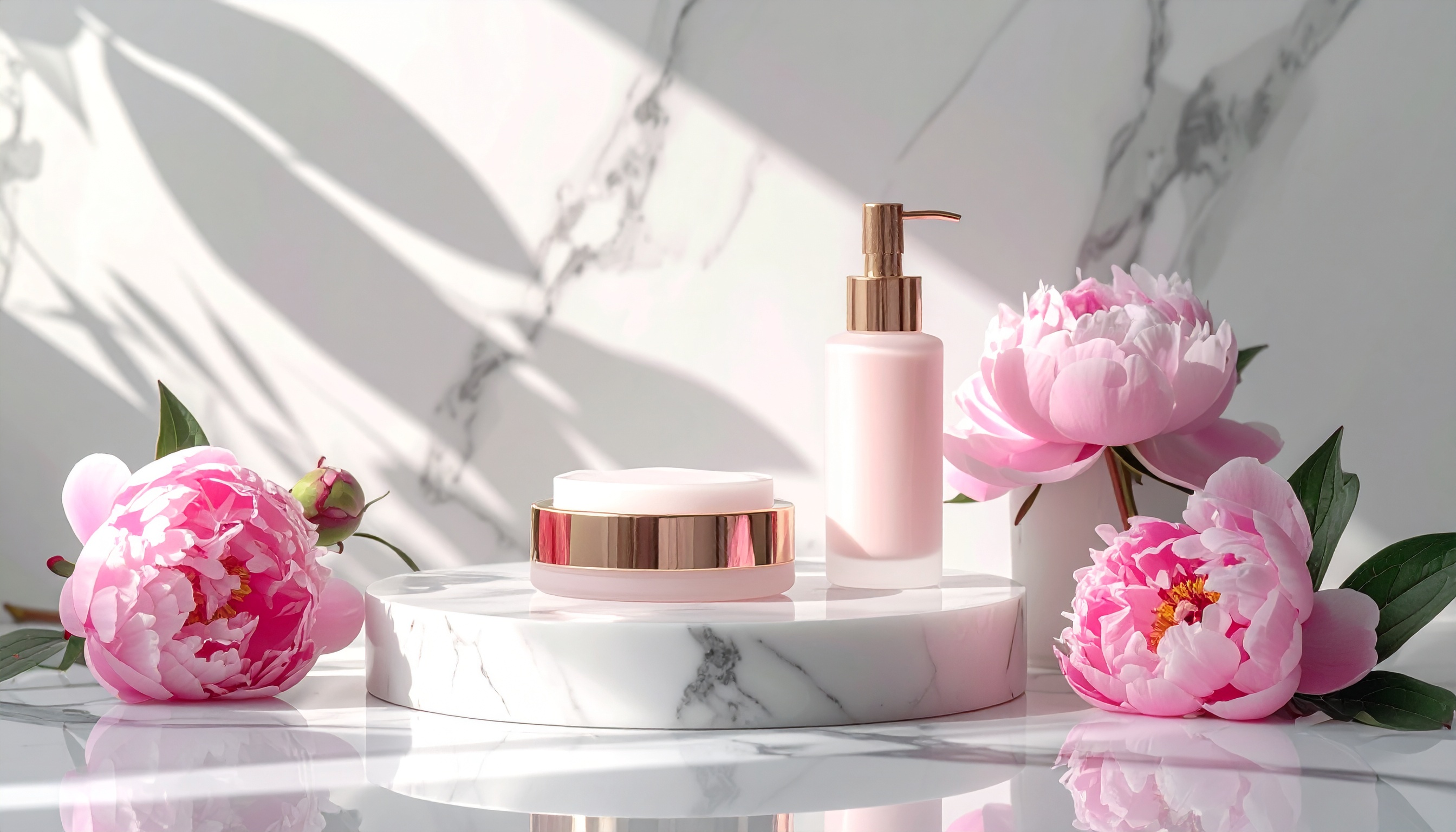 Beauty Products on White Marble Countertop with Pink Flowers